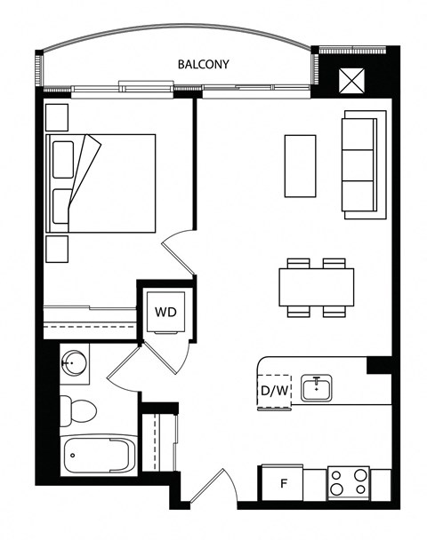 Floor plan for 1 bed, 1 bath, 637 sqft